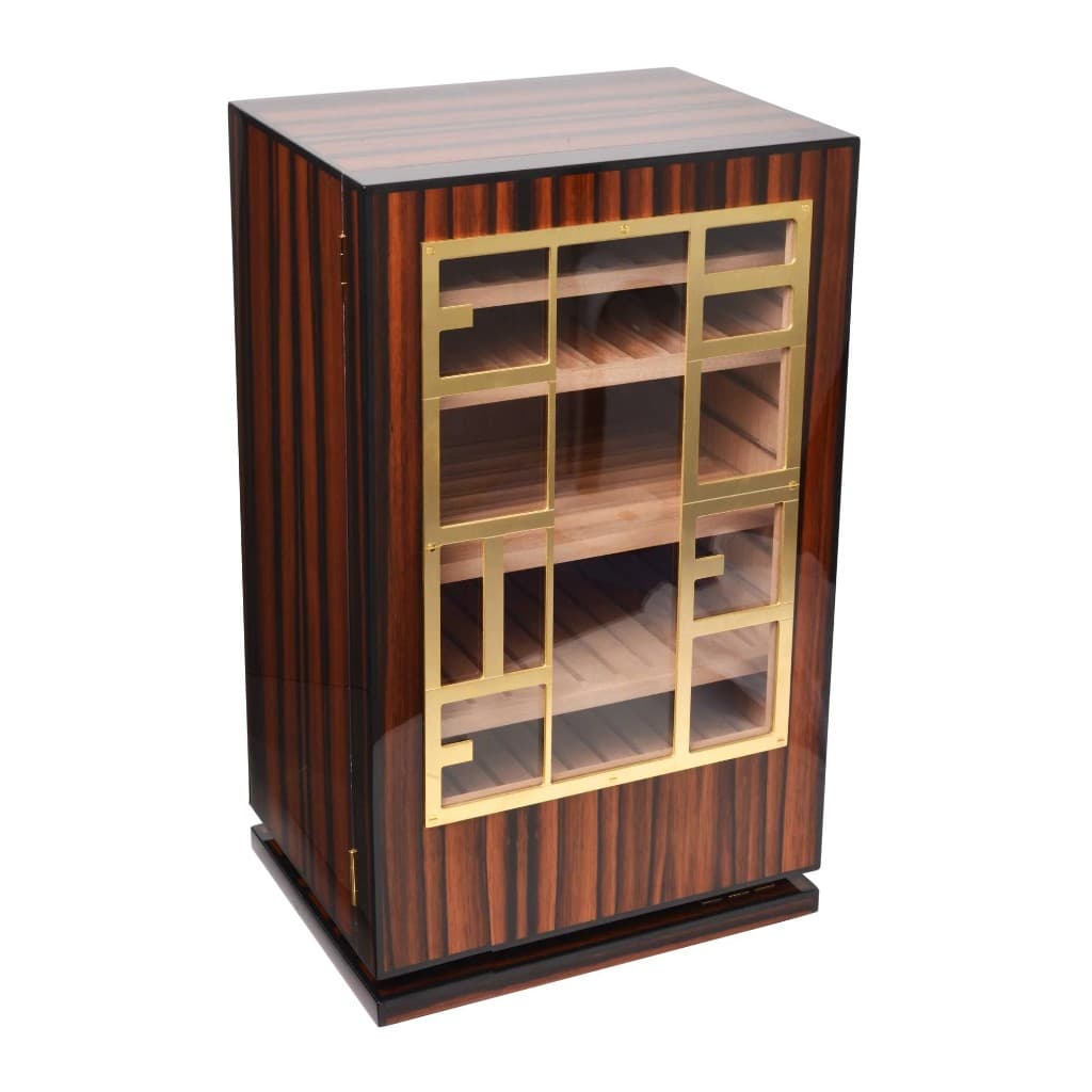 A glass-front cabinet humidor finished in lacquered ebony
